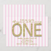 ゴールドグリッター ワン ピンクストライプ 1歳のパーティー招待状 招待状 (正面/裏面)