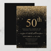 ゴールドグリッター 50周年 サプライズアニバーサリー パーティー ブラック 招待状 (正面/裏面)