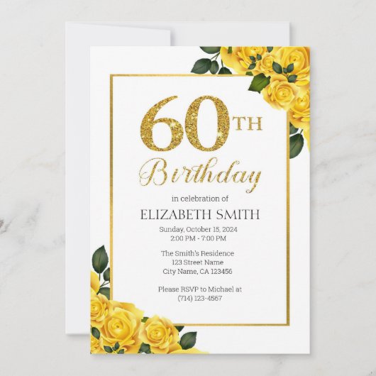 ゴールドグリッター 60歳の誕生日招待状テンプレート 招待状 (正面)