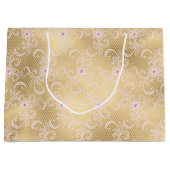 ゴールドグリッターPretty Pinkレースフラワーブライダルシャワー ラージペーパーバッグ (正面)