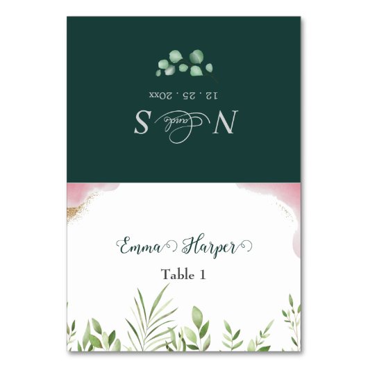 ゴールドグリーゲスト名ウェディングプレースカード テーブルナンバー (正面)