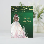 ゴールドグリーンのアフリカ系アメリカ人花嫁の「Save the Date」カード セーブザデート (スタンド正面)