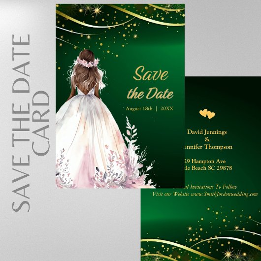 ゴールドグリーンのアフリカ系アメリカ人花嫁の「Save the Date」カード セーブザデート