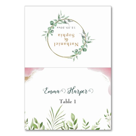 ゴールドグリーンのゲスト名ウェディングプレースカード テーブルナンバー (正面)