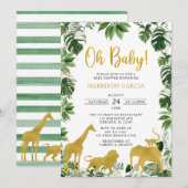 ゴールドグリーンのジャングルサファリ動物ベイビーシャワー 招待状 (正面/裏面)