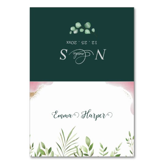 ゴールドグリーンのプリント可能な結婚式の席札 テーブルナンバー (正面)