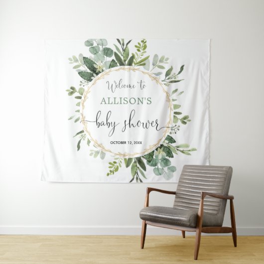 ゴールドグリーンのリース ベビーシャワー 背景看板 タペストリー (インサイチュ(横))