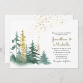 ゴールドグリーンの常緑の松の木のクリスチャンウェディング 招待状 (正面/裏面)