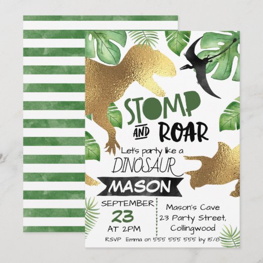 ゴールドグリーンの恐竜の誕生日招待状 招待状 (正面/裏面)