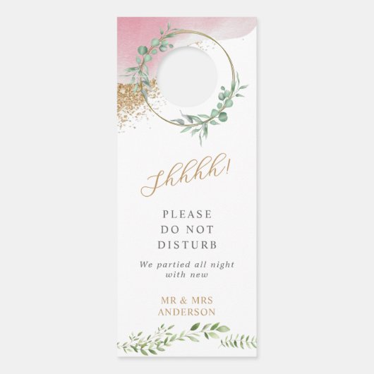 ゴールドグリーンウェディングウェルカム 邪魔しないでください ドアノブサイン (正面)