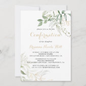 ゴールドグリーン葉のカリグラフィー確認の招待状 招待状 (正面)