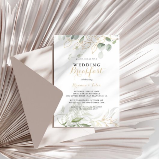 ゴールドグリーン葉書カリグラフィー結婚式の朝食 招待状