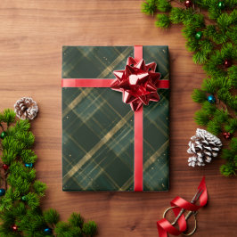 ゴールドグリーン クリスマス柄チェック ラッピングペーパー