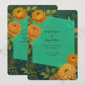 ゴールドグリーン ラスティック オータム フローラル ウェディング 招待状 (正面/裏面)