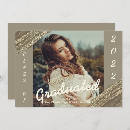 ゴールドグリーン 卒業写真 卒業おめでとうカード 招待状 (正面/裏面)