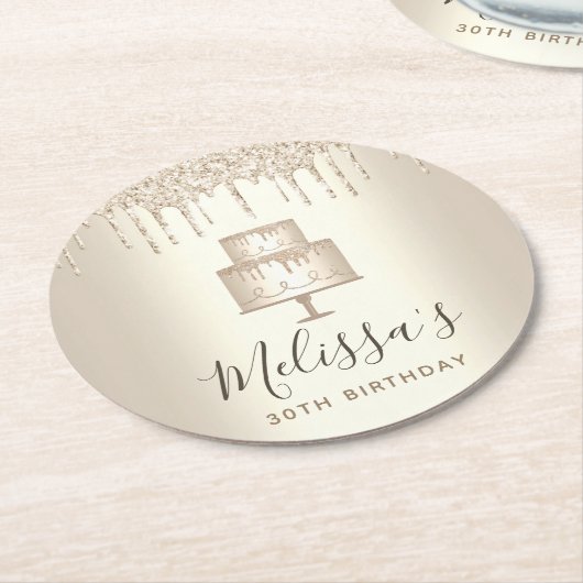 ゴールドケーキ グリッターがエレガントに煌めく ガーリーでグラマラスなパーティ ラウンドペーパーコースター (アングル)