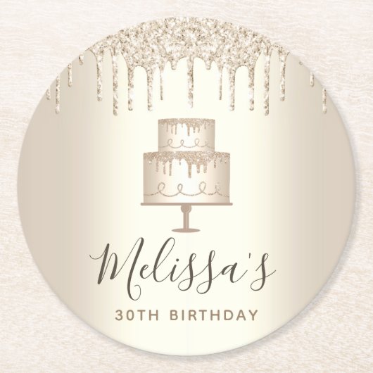 ゴールドケーキ グリッターがエレガントに煌めく ガーリーでグラマラスなパーティ ラウンドペーパーコースター (正面)