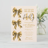 ゴールドコケットボウセーブデート40歳の誕生日ベージュ 招待状 (スタンド正面)