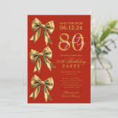 ゴールドコケットボウ セーブデート 80歳の誕生日 赤 招待状 (スタンド正面)