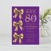 ゴールドコケットリボン記念日80歳の誕生日パープル 招待状 (スタンド正面)