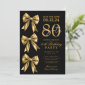 ゴールドコケットリボン記念日80歳の誕生日 ブラック 招待状 (スタンド正面)