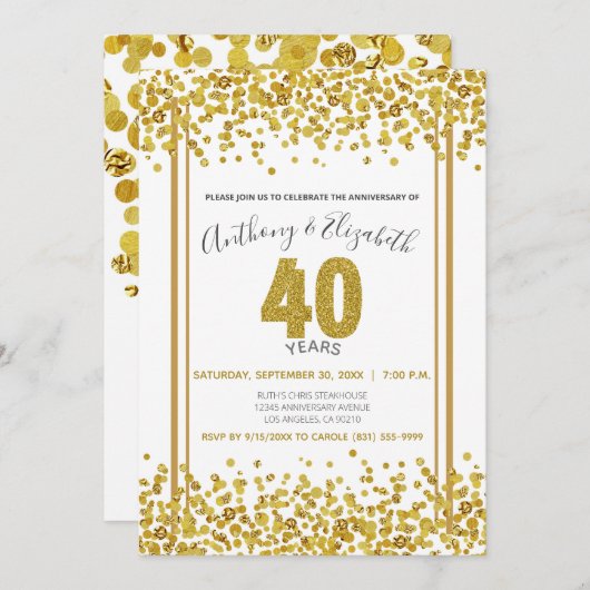 ゴールドコンフェッティグリッター風40周年パーティー 招待状 (正面/裏面)