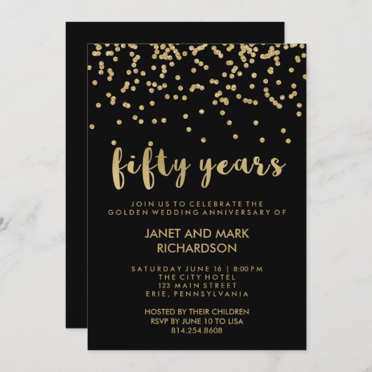 ゴールドコンフェッティ ゴールデンウェディングアニバーサリー パーティ 招待状 (正面/裏面)