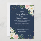 ゴールドコンフェッティ ネイビー ピンク フラワー ウェディング 招待状 (正面)