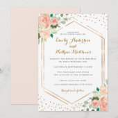 ゴールドコンフェッティ ピーチ 水彩 フラワー ウェディング 招待状 (正面/裏面)