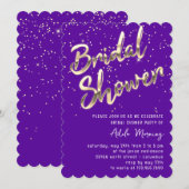 ゴールドコンフェッティ ブライダルシャワー スクリプト パープル 招待状 (正面/裏面)