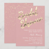 ゴールドコンフェッティ ブライダルシャワー スクリプト ピンク ローズ パウダー 招待状 (正面/裏面)