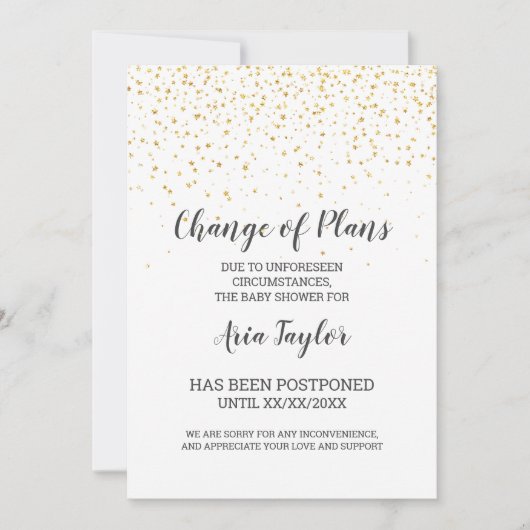 ゴールドコンフェッティ プラン変更 シャワー延期発表 招待状 (正面)
