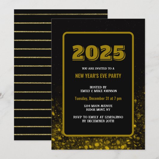 ゴールドコンフェッティ 2025年 新年のカスタムイヤー 招待状 (正面/裏面)