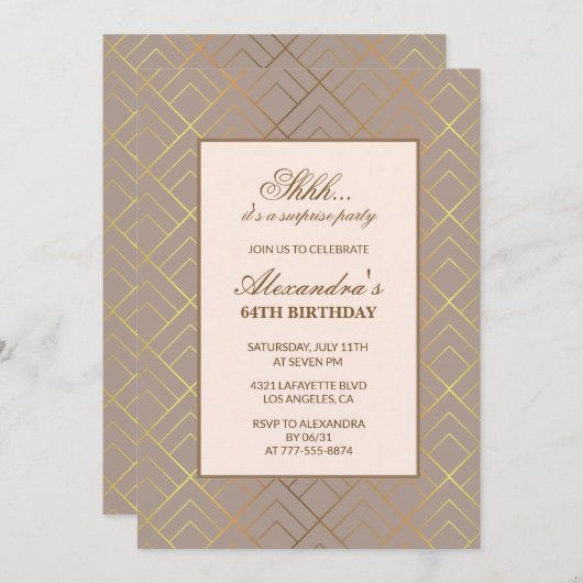ゴールドサプライズパーティー 64歳の誕生日招待状 招待状 (正面/裏面)