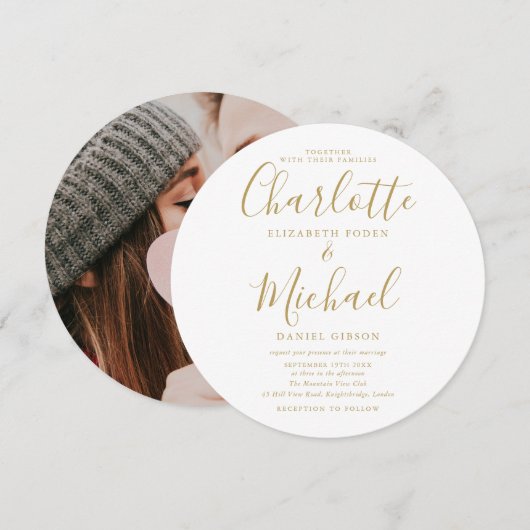 ゴールドシグネチャースクリプト サーキュラー フォト ウェディング 招待状 (正面/裏面)