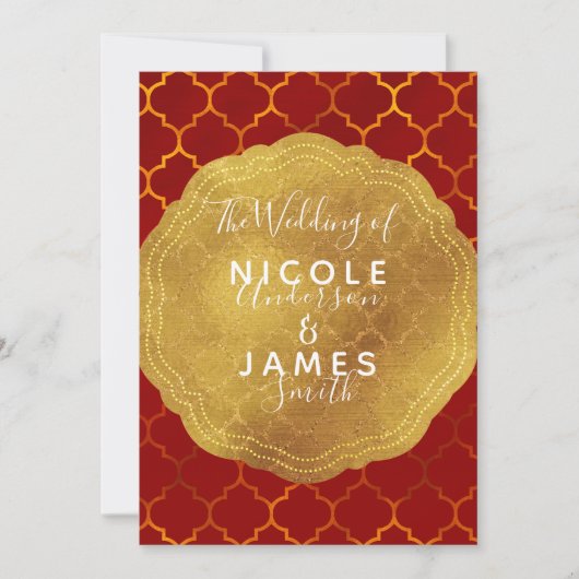 ゴールドシールホイルの鮮やかな赤いインドのモロッコの結婚式 招待状 (正面)