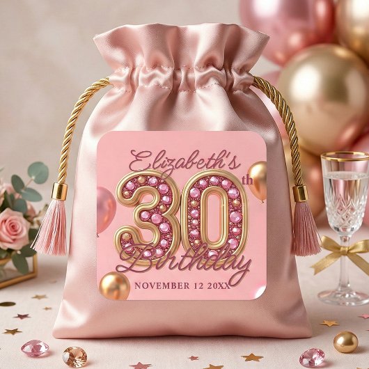 ゴールドジュエル付きピンクバルーン 30歳の誕生日 スクエアシール