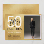 ゴールドスクリプトの50歳の誕生日お祝い写真 招待状 (正面/裏面)