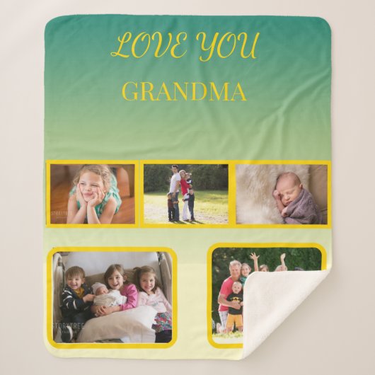 ゴールドスクリプトの「Love You Grandma」コラージュ シェルパブランケット (正面)