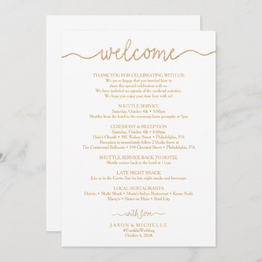 ゴールドスクリプトウェディングの行程表 - ウェディングウェルカム プログラム (正面/裏面)