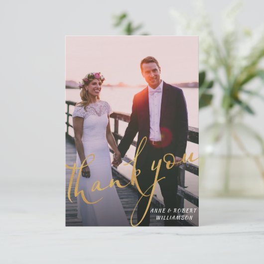 ゴールドスクリプトウェディング感謝フォトカード サンキューカード (スタンド正面)