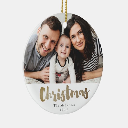 ゴールドスクリプトクリスマスの写真ファミリーホリデーセラミック セラミックオーナメント (右)