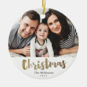 ゴールドスクリプトクリスマスの写真ファミリーホリデーセラミック セラミックオーナメント (正面)