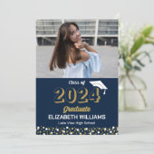 ゴールドスクリプトコンフェッティフォトブルーグラッドアナウンスメント 招待状 (スタンド正面)