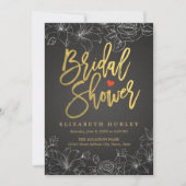 ゴールドスクリプトブラックリネンホワイトフラワーブライダルシャワー 招待状 (正面)