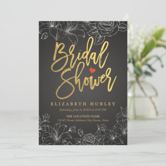 ゴールドスクリプトブラックリネンホワイトフラワーブライダルシャワー 招待状 (スタンド正面)