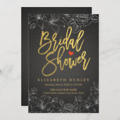 ゴールドスクリプトブラックリネンホワイトフラワーブライダルシャワー 招待状 (正面/裏面)