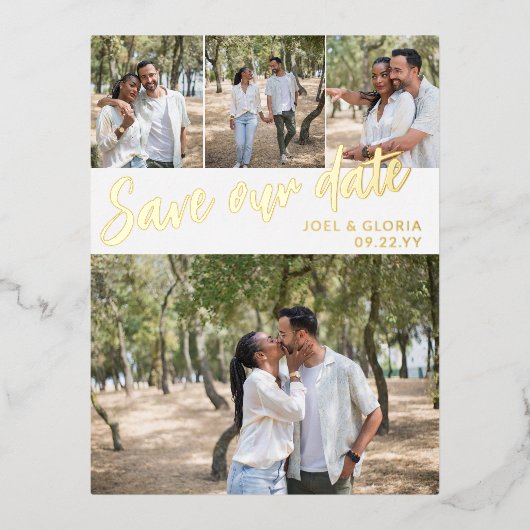 ゴールドスクリプト4 フォト ウェディング セーブ アワ デート 箔招待状ポストカード (正面)