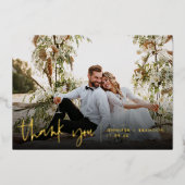 ゴールドスクリプト エレガント 結婚式の写真にお礼のカード 箔招待状 (正面)