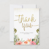 ゴールドスクリプト サンクス | ピンク ウォーターカラー フローラル サンキューカード (正面)